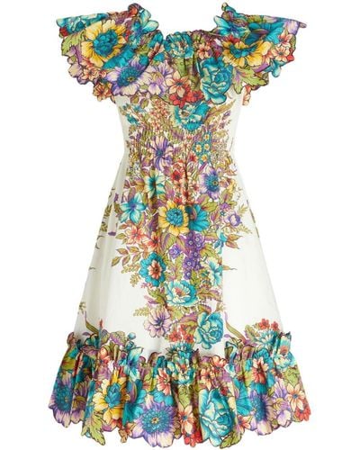 Etro Floral-print Off-shoulder Cotton Dress - Blue