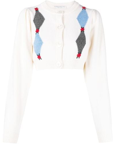 Alessandra Rich Rose-embroidered Argyle Wool Cardigan - White