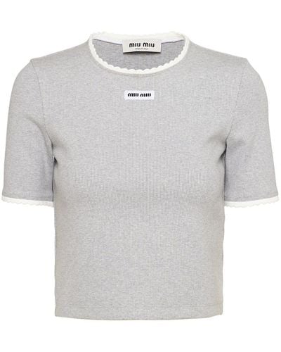 Miu Miu Embroidered-logo Short-sleeve Jumper - Grey