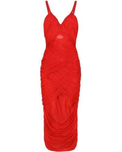 Dolce & Gabbana Draped Midi Dress In Stretch Tulle - Red