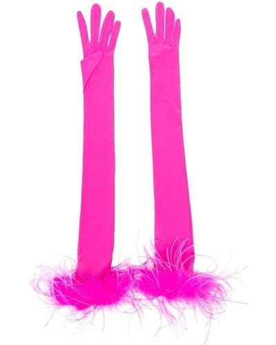 Styland Feather-trim Opera Gloves - Pink