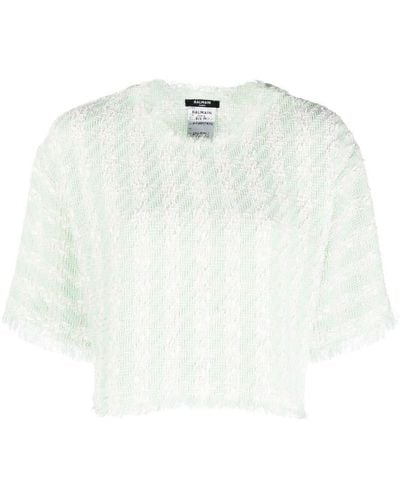 Balmain Cropped-T-Shirt aus Tweed - Weiß