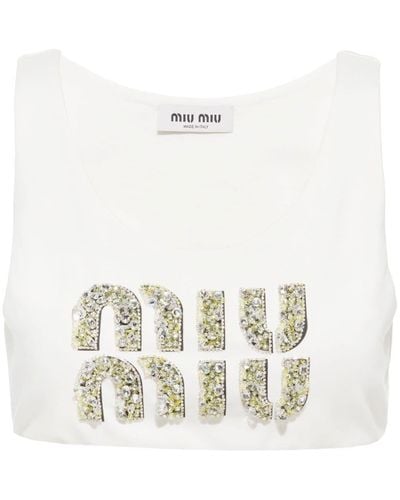 Miu Miu Top corto con logo con apliques - Blanco