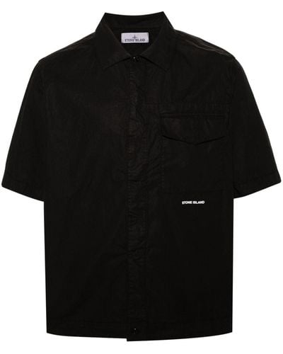 Stone Island Logo-print Crinkled Shirt - Black