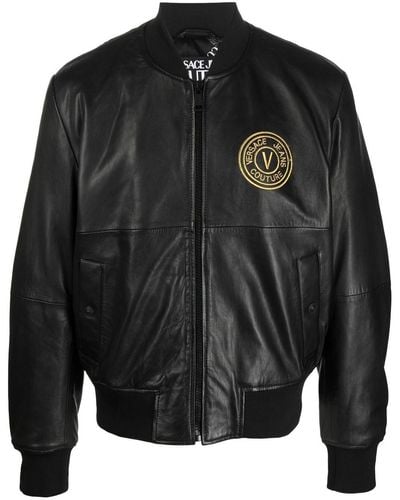 Versace V-emblem Leather Jacket - Black