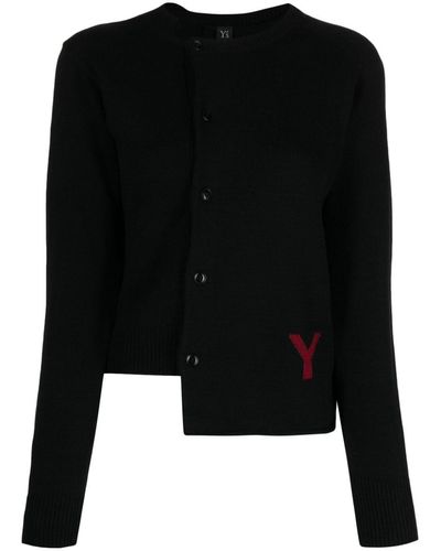 Y's Yohji Yamamoto Logo Intarsia-knit Asymmetric Cardigan - Black