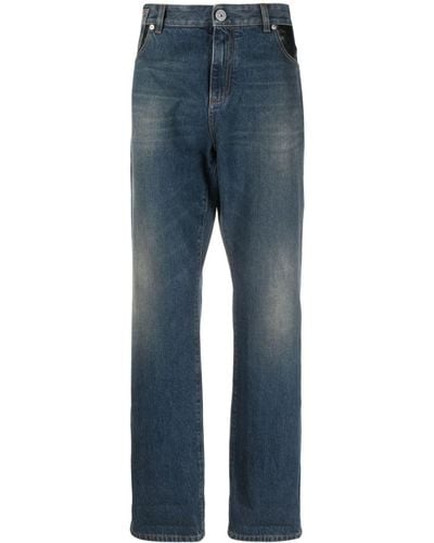 Balmain Leather-pocket Straight-leg Jeans - Blue