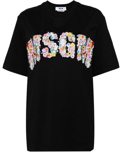 MSGM T-shirt fleuri à logo imprimé - Noir