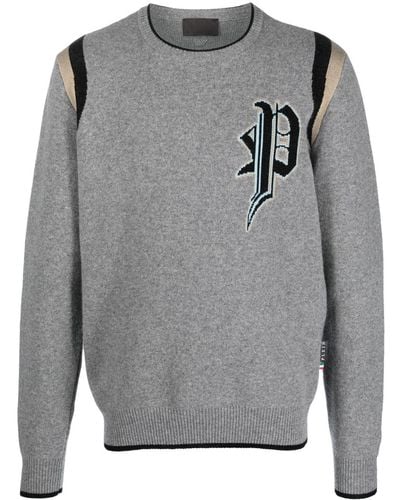 Philipp Plein Intarsia-knit Logo Knitted Sweatshirt - Grey