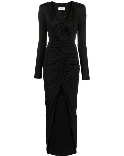 Nissa Floral-appliqué Ruched Maxi Dress - Black