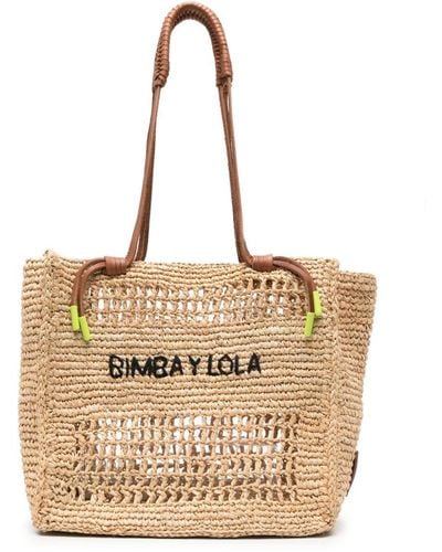 Bimba Y Lola Logo-embroidered Raffia Shoulder Bag - ナチュラル
