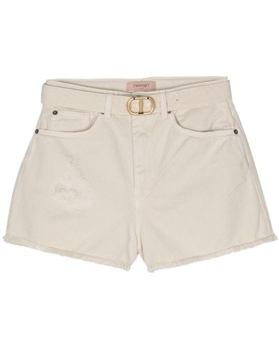Twin Set Frayed Belted Denim Shorts - Natural