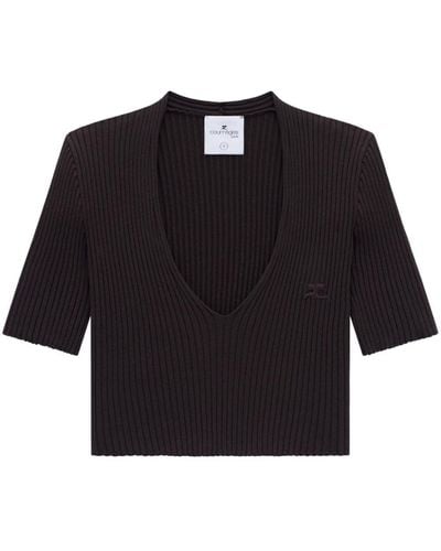 Courreges Ribbed Knit V-neck Top - Black