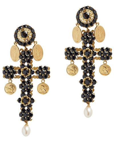 Dolce & Gabbana 18kt Yellow Gold Cross Black Sapphires And Pearl Clip-on Earrings - Metallic
