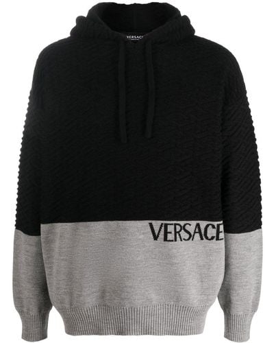 Versace And Grey Logo Knitted Wool Hoodie - Black