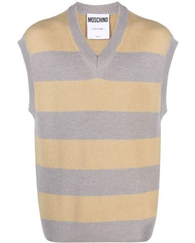 Moschino Logo-patch Striped Virgin-wool Vest - Natural