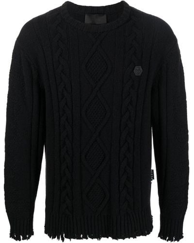 Philipp Plein Cable-knit Distressed-finish Sweater - Black