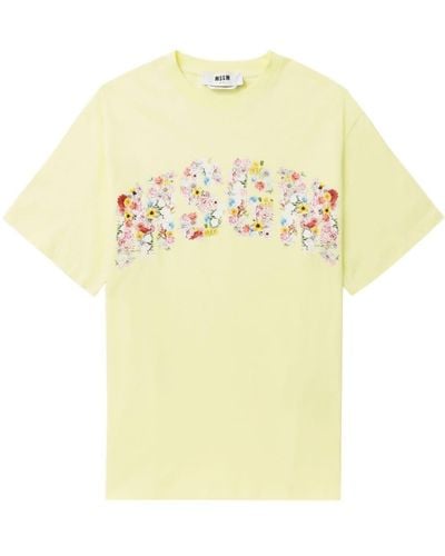 MSGM Floral Logo-print Cotton T-shirt - Yellow