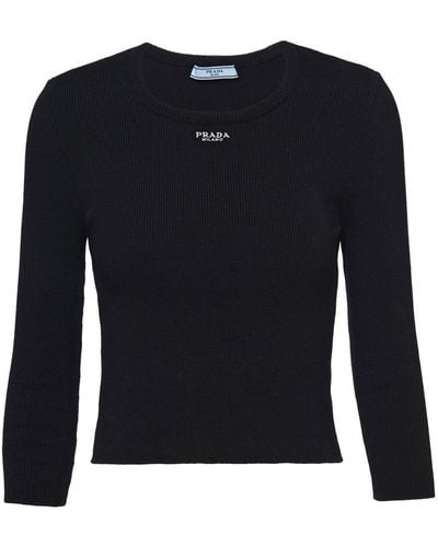 Prada Logo-embroidered Ribbed-knit Top - Black