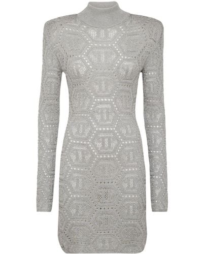 Philipp Plein Monogram-pattern Crochet-knit Minidress - Grey