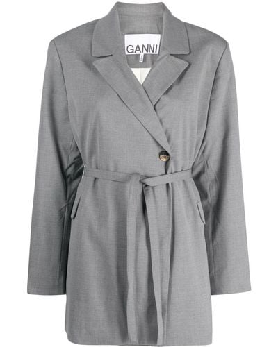 Ganni Double-breasted Belted Blazer - Grey