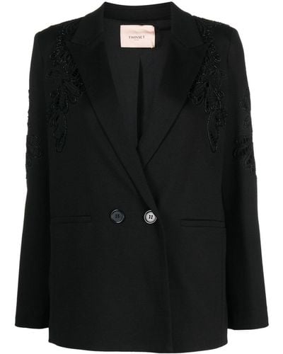 Twin Set Floral-embroidered Double-breasted Blazer - Black
