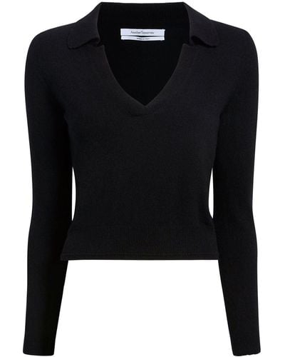 Another Tomorrow Long-sleeve Knitted Polo Top - Black