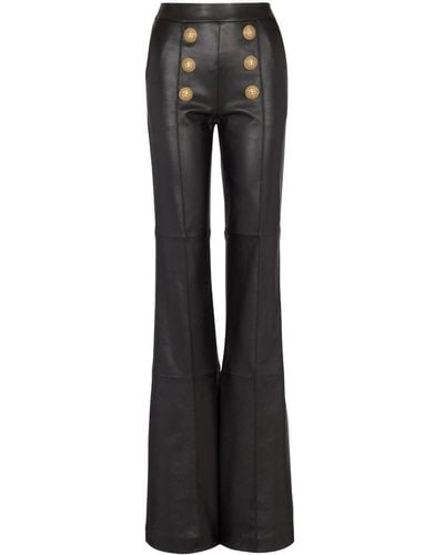 Balmain Button-embellished Leather Flared Trousers - Black