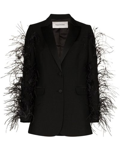 Valentino Feather-sleeve Blazer Jacket - Black