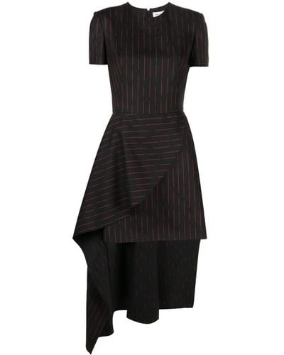 Alexander McQueen Asymmetric Pinstripe Wool Dress - Black