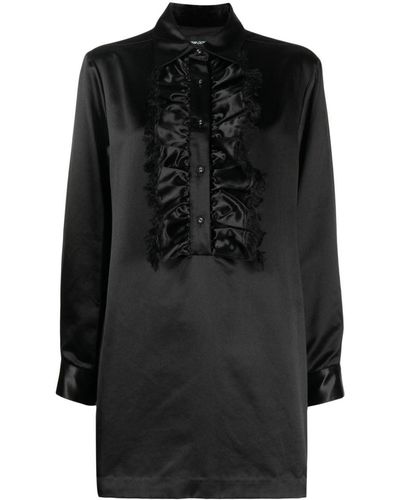 Cynthia Rowley ラッフル サテンシャツドレス - ブラック