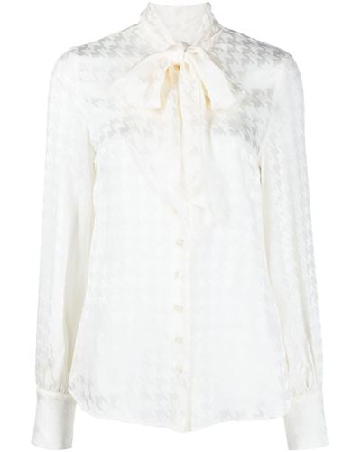MSGM Gathered Tie-neck Houndstooth-pattern Blouse - White