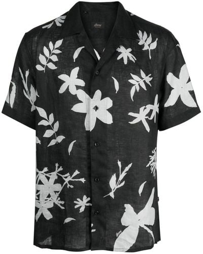 Brioni Leaf-print Linen Shirt - Black