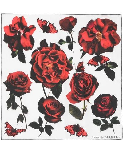 Alexander McQueen Rose Print Silk Scarf - Red