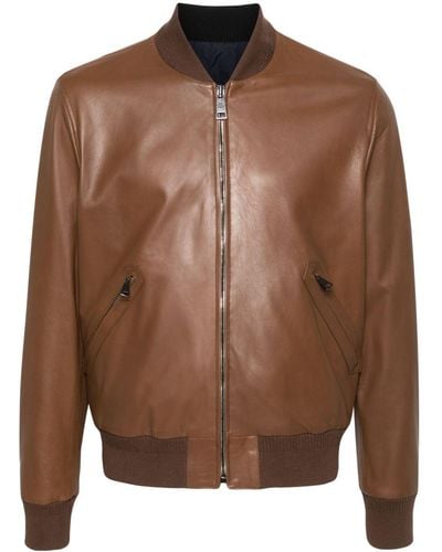 Canali Ribbed-trim Leather Jacket - Brown