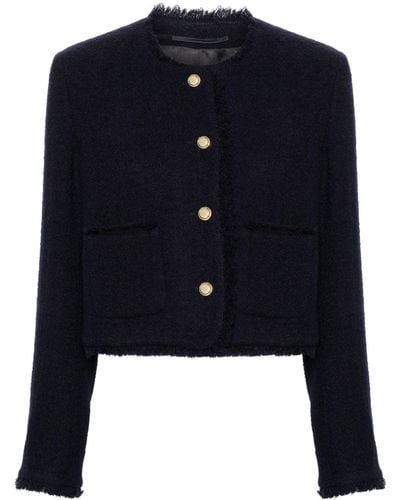 Miu Miu Veste en tweed crop à design sans col - Bleu