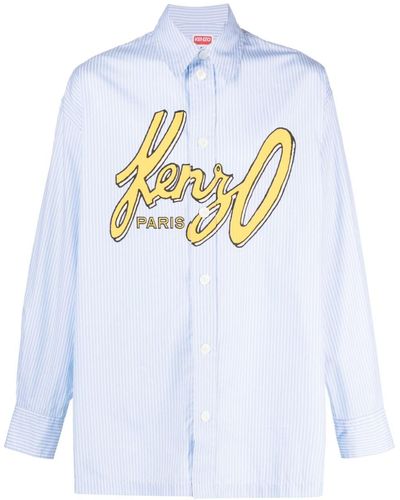KENZO Chemise rayée en coton à logo imprimé - Bleu