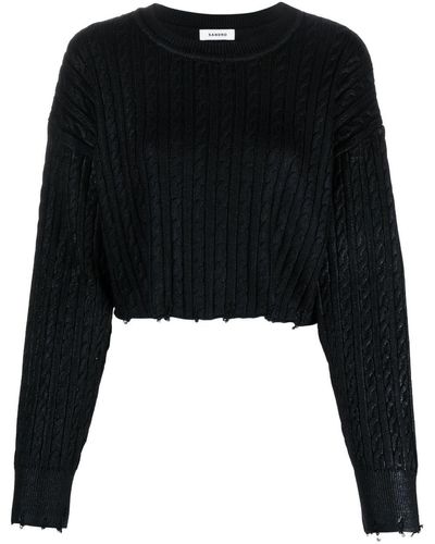Sandro Cable-knit Cropped Cotton-wool Sweater - Black