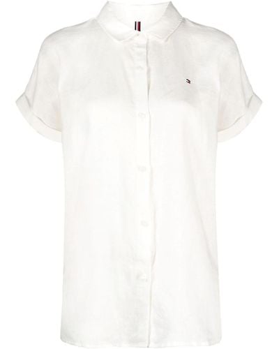 Tommy Hilfiger Embroidered-logo Short-sleeve Linen Shirt - White