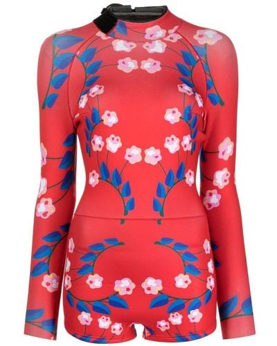 Cynthia Rowley Floral-print Long-sleeve Swimsuit - Red