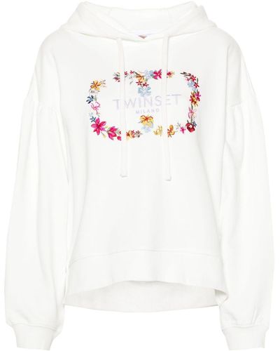 Twin Set Floral-embroidered Cotton Hoodie - White