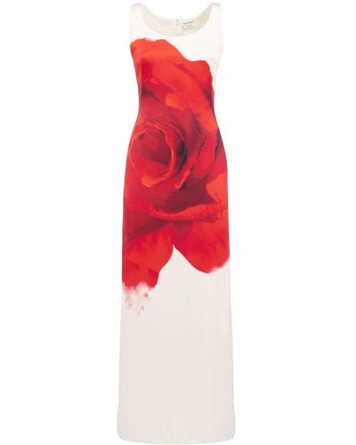 Alexander McQueen Satinkleid mit Bleeding Rose-Print - Rot