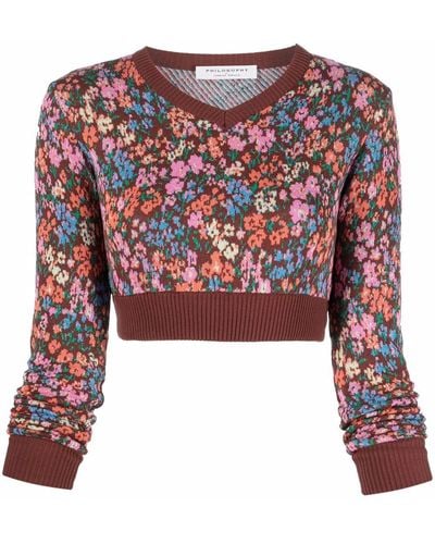 Philosophy Di Lorenzo Serafini Floral-motif Cropped Sweater - Brown