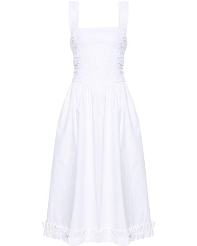 Ganni Smocked Poplin Midi Dress - White