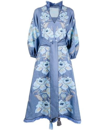 Yuliya Magdych Robe en lin à fleurs en jacquard - Bleu