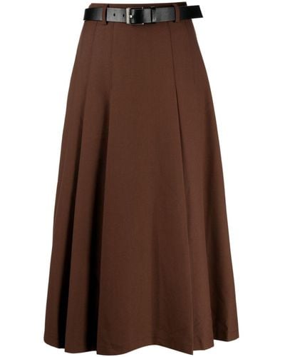 B+ AB Pleated Belted Midi Skirt - Brown