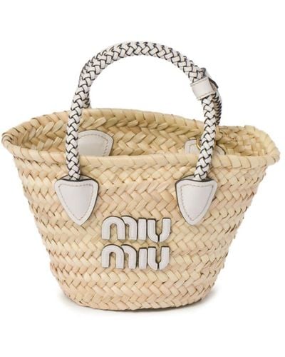 Miu Miu Woven Raffia Basket Tote Bag - Metallic