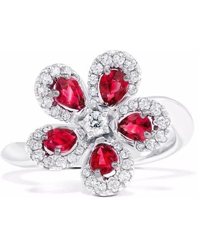 David Morris 18kt White Gold Miss Daisy Single Flower Ruby And Diamond Ring - Metallic