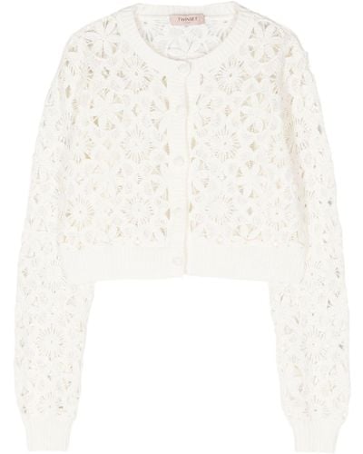 Twin Set Cropped Floral Open-knit Cardigan - White