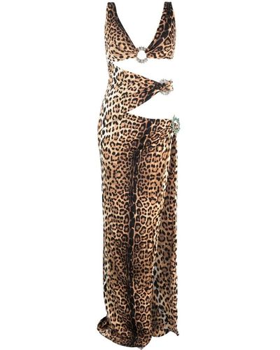 Roberto Cavalli Leopard-print Cut-out Gown - Metallic